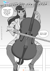 Size: 1200x1697 | Tagged: safe, artist:pia-sama, derpibooru import, octavia melody, anthro, earth pony, comic:rogue diamond, bow (instrument), breasts, cello, cello bow, clothes, female, mare, musical instrument, orbtavia, stockings, thigh highs