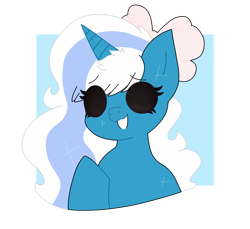 Size: 1280x1175 | Tagged: safe, artist:saltytrashlol, derpibooru import, oc, oc only, oc:fleurbelle, alicorn, alicorn oc, blue background, bow, female, hair bow, horn, mare, simple background, solo, transparent background, wings