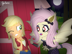 Size: 5556x4168 | Tagged: safe, artist:gutovi, derpibooru import, applejack, fluttershy, bat pony, equestria girls, armband, bat ponified, bat wings, belt, belt buckle, blushing, clothes, dress, fangs, fishnet clothing, fishnet gloves, flutterbat, goth, hairband, hairpin, jeans, licking, licking lips, pants, race swap, scared, tongue out, wings