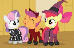 Size: 3864x2486 | Tagged: safe, artist:squipycheetah, derpibooru import, apple bloom, scootaloo, sweetie belle, earth pony, pegasus, unicorn, bone, clothes, clubhouse, costume, crossover, crusaders clubhouse, cute, cutie mark crusaders, devil horns, female, filly, lock shock and barrel, the nightmare before christmas, trio, two toned mane, two toned tail