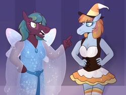 Size: 1280x960 | Tagged: safe, artist:jaysey, artist:kindheart525, derpibooru import, oc, oc only, oc:blue velvet, oc:red cedar, anthro, earth pony, auraverse, clothes, costume, dress, halloween, halloween costume, offspring, parent:burnt oak, parent:coloratura, parents:coloroak