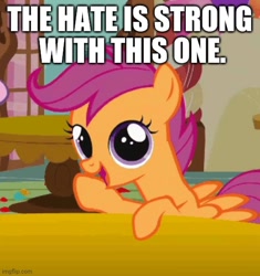 Size: 500x532 | Tagged: safe, derpibooru import, edit, edited screencap, screencap, scootaloo, call of the cutie, caption, cropped, darth sidious, darth vader, image macro, imgflip, sith, solo, star wars, text