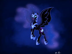 Size: 2048x1536 | Tagged: safe, artist:robots-art, derpibooru import, nightmare moon, alicorn, pony, armor, female, flying, mare, sharp teeth, solo, teeth