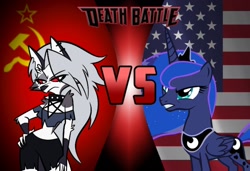 Size: 1404x960 | Tagged: safe, derpibooru import, princess luna, alicorn, pony, american flag, cold war, crossover battle, death battle, hammer and sickle, helluva boss, loona (helluva boss), meme, sexually transmitted disease, soviet union, std, syphilis