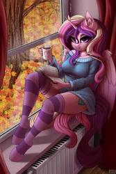 Size: 1332x2000 | Tagged: safe, artist:lightly-san, derpibooru import, princess cadance, alicorn, anthro, unguligrade anthro, autumn, book, bottomless, breasts, clothes, cup, cute, cutedance, ear fluff, female, leaves, looking at you, mare, partial nudity, princess cansdance, rain, sitting, smiling, socks, solo, striped socks, sweater, tongue out, tree, window