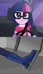 Size: 966x1640 | Tagged: safe, artist:grapefruitface1, derpibooru import, sci-twi, twilight sparkle, equestria girls, car, music festival outfit, pedal, pedal pump, solo