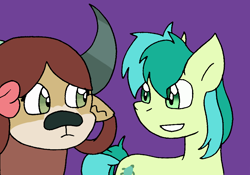 Size: 872x612 | Tagged: safe, artist:cmara, derpibooru import, sandbar, yona, earth pony, pony, yak, female, grin, looking at each other, male, purple background, shipping, simple background, smiling, straight, yonabar