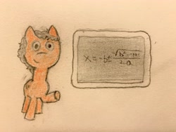 Size: 4032x3024 | Tagged: safe, artist:nbj, derpibooru exclusive, derpibooru import, oc, oc:redundant proof, earth pony, pony, chalkboard, disguise, disguised changeling, earth pony oc, facing you, looking at you, math, quadratic formula, solo, traditional art