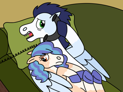 Size: 2048x1536 | Tagged: safe, artist:kindheart525, derpibooru import, soarin', oc, oc:summer beauty, pegasus, auraverse, father and child, father and daughter, female, lying down, male, offspring, parent and child, parent:applejack, parent:soarin', parents:soarinjack, pillow, sofa, story included, telephone