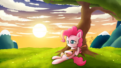 Size: 1920x1080 | Tagged: safe, artist:nicxchy, derpibooru import, pinkie pie, earth pony, pony, cloud, female, lounging, mandolin, mare, music notes, musical instrument, signature, smiling, solo, sun, tree