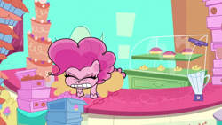 Size: 1280x720 | Tagged: safe, derpibooru import, screencap, pinkie pie, earth pony, pony, my little pony: pony life, blender (object), eyes closed, kitchen, sugarcube corner, theme song