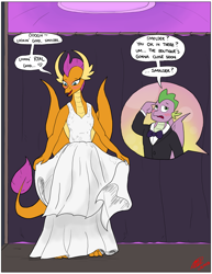 Size: 2550x3300 | Tagged: safe, artist:loreto-arts, derpibooru import, smolder, spike, dragon, clothes, commission, dragoness, dress, female, male, older, shipping, spolder, straight, that dragon sure does love dresses, toes, tuxedo, wedding dress, winged spike
