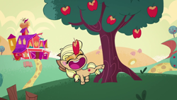 Size: 1280x720 | Tagged: safe, derpibooru import, screencap, applejack, earth pony, pony, my little pony: pony life, apple, cute, eyes closed, food, jackabetes, open mouth, sweet apple acres, theme song, tree