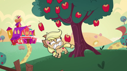Size: 1280x720 | Tagged: safe, derpibooru import, screencap, applejack, earth pony, pony, my little pony: pony life, apple, falling, food, looking at you, sweet apple acres, theme song, tree