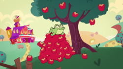 Size: 1280x720 | Tagged: safe, derpibooru import, screencap, gummy, alligator, my little pony: pony life, apple, cute, food, gummybetes, sweet apple acres, theme song, tree