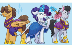 Size: 1500x1000 | Tagged: safe, artist:itstaylor-made, derpibooru import, hoops, lucky clover, rarity, pony, unicorn, armor, duster, magic