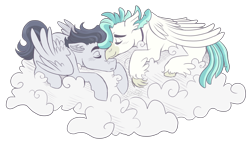 Size: 3500x2000 | Tagged: safe, artist:kikirdcz, derpibooru import, rumble, terramar, classical hippogriff, hippogriff, pegasus, pony, cloud, commission, eyes closed, gay, male, older, rumblemar, shipping, simple background, sleeping, stallion, transparent background