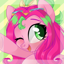 Size: 2048x2048 | Tagged: safe, artist:cinnamontee, derpibooru import, oc, oc:precious metal, pony, blushing, bust, female, mare, not pinkie pie, one eye closed, open mouth, portrait, solo, wink