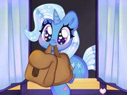 Size: 4000x3000 | Tagged: safe, artist:bunxl, derpibooru import, trixie, pony, unicorn, to saddlebags and back again, to where and back again, bag, big eyes, blushing, bunxl is trying to murder us, cute, diatrixes, female, happy, heart eyes, hnnng, horn, mare, mouth hold, nom, saddle bag, scene interpretation, solo, starry eyes, trixie's wagon, weapons-grade cute, wingding eyes