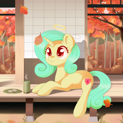 Size: 1600x1600 | Tagged: safe, artist:musicfirewind, derpibooru import, oc, oc only, oc:seven sister, pony, unicorn, candle, cookie, food, leaves, solo, tree