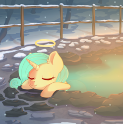 Size: 1300x1313 | Tagged: safe, artist:musicfirewind, derpibooru import, oc, oc only, oc:seven sister, pony, unicorn, eyes closed, fence, halo, hot springs, outdoors, snow, solo