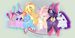 Size: 1280x663 | Tagged: safe, artist:xanonymousmxrcyx, derpibooru import, applejack, fluttershy, pinkie pie, rainbow dash, rarity, starlight glimmer, twilight sparkle, twilight sparkle (alicorn), alicorn, earth pony, pegasus, pony, unicorn, alternate design, mane six