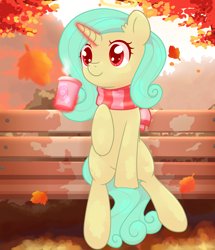 Size: 1600x1861 | Tagged: safe, artist:musicfirewind, derpibooru import, oc, oc only, oc:seven sister, pony, unicorn, bench, leaves, solo