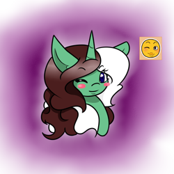 Size: 700x700 | Tagged: safe, artist:kaggy009, derpibooru import, oc, oc:peppermint pattie (unicorn), pony, ask peppermint pattie, emoji, one eye closed, solo, wink