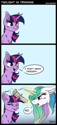 Size: 2414x5266 | Tagged: safe, artist:julunis14, derpibooru import, princess celestia, twilight sparkle, unicorn twilight, alicorn, pony, unicorn, bonk, cheek fluff, chest fluff, comic, ear fluff, eyes closed, heresy, newspaper, open mouth, simple background, speech bubble, tongue out