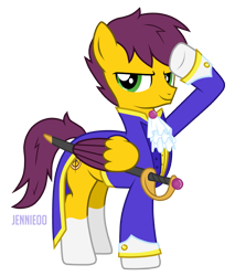 Size: 1024x1200 | Tagged: safe, artist:jennieoo, derpibooru import, oc, oc only, oc:yellow jack, pegasus, pony, clothes, salute, simple background, solo, spear, sword, transparent background, uniform, weapon