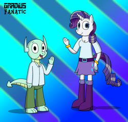 Size: 1689x1615 | Tagged: safe, artist:gradiusfanatic, derpibooru import, rarity, oc, anthro, dragon, unicorn, female, male