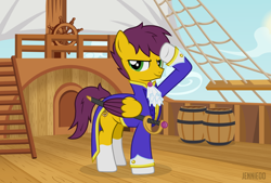 Size: 1200x809 | Tagged: safe, artist:jennieoo, derpibooru import, oc, oc:yellow jack, pegasus, pony, clothes, ocean, salute, ship, solo, spear, sword, uniform, weapon