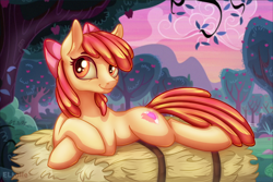 Size: 3000x2000 | Tagged: safe, artist:eltaile, derpibooru import, apple bloom, earth pony, pony, apple, apple orchard, bow, cute, draw me like one of your french girls, female, food, hay, hay bale, lying, lying down, mare, older, older apple bloom, orchard, outdoors, prone, smiling, solo, sweet apple acres, tree