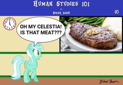 Size: 1920x1330 | Tagged: safe, artist:biker dash, derpibooru import, lyra heartstrings, unicorn, comic:human studies 101, clock, comic, cutie mark, equestria font, food, fork, human studies101 with lyra, mashed potatoes, meat, meme, picture, plate, potato, shocked expression, signature, speech bubble, steak, television, vegetables, webcomic