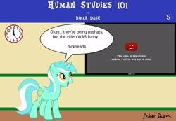 Size: 1920x1330 | Tagged: safe, artist:biker dash, derpibooru import, lyra heartstrings, unicorn, comic:human studies 101, clock, comic, cutie mark, equestria font, human studies101 with lyra, meme, signature, speech bubble, television, webcomic, youtube