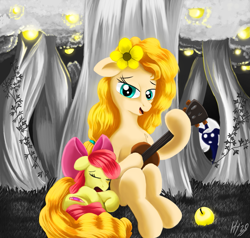 Size: 1133x1080 | Tagged: safe, artist:jphyperx, derpibooru import, apple bloom, ivy, pear butter, earth pony, ghost, pony, undead, apple, apple tree, dream, flower, food, golden apple, guitar, musical instrument, singing, sleeping, tree