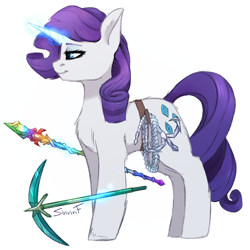 Size: 2480x2480 | Tagged: safe, artist:flysouldragon, derpibooru import, rarity, pony, unicorn, crossover, glowing horn, hook, horn, pickaxe, rainbow, rod, solo, terraria, video game