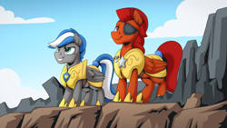 Size: 2560x1440 | Tagged: safe, artist:mysticalpha, derpibooru import, oc, oc only, oc:captain sunride, oc:cloud zapper, pegasus, pony, armor, cliff, eyepatch, male, mountain, royal guard, royal guard armor, royal guard oc, stallion