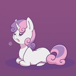 Size: 2048x2048 | Tagged: safe, artist:pfeffaroo, derpibooru import, sweetie belle, pony, unicorn, blank flank, cute, diasweetes, eyes closed, female, filly, high res, lying down, open mouth, ponyloaf, prone, purple background, simple background, solo, three quarter view, two toned mane, two toned tail, visible breath, yawn