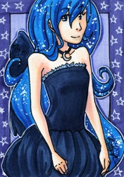 Size: 600x850 | Tagged: safe, artist:bracinghope, derpibooru import, princess luna, human, clothes, dress, humanized, jewelry, looking at you, necklace, s1 luna, smiling, solo, sparkles, stars, strapless dress