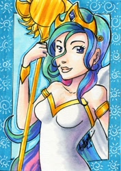 Size: 600x848 | Tagged: safe, artist:bracinghope, derpibooru import, princess celestia, human, armband, beautiful, blue background, bracelet, crown, humanized, jewelry, jewlery, looking at you, regalia, simple background, solo, staff, sun