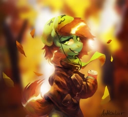 Size: 2173x2002 | Tagged: safe, artist:anticular, derpibooru import, oc, oc only, oc:neko, earth pony, pony, autumn, clothes, coffee cup, cup, drink, falling leaves, female, hat, hoof hold, jacket, leather jacket, lidded eyes, looking at you, looking back, looking back at you, mare, scarf, solo