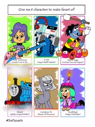 Size: 3072x4096 | Tagged: safe, artist:blue_jetpack, derpibooru import, limestone pie, earth pony, human, pony, robot, angry, candlehead, clothes, crossover, d-fib, dreamworks face, edward, female, guitar, hi hi puffy ami yumi, mare, marvin suggs, musical instrument, six fanarts, the muppet show, thomas the tank engine, train, wall-e, wreck-it ralph, yumi yoshimura