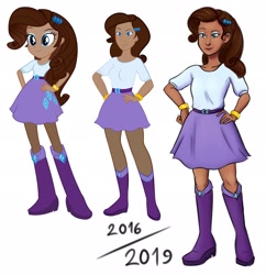 Size: 1982x2048 | Tagged: safe, artist:smol_andriusha, derpibooru import, rarity, human, equestria girls, 2016, 2019, boots, bracelet, brown hair, clothes, dark skin, equestria girls outfit, female, high heel boots, human coloration, humanized, jewelry, makeup, natural hair color, realism edits, redraw, shoes, simple background, skirt, smiling, white background