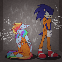 Size: 2062x2062 | Tagged: safe, artist:skye.dragongirl, derpibooru import, bound wings, chained, clothes, cuffs, dialogue, duo, prison outfit, prisoner, prisoner rd, sonic the hedgehog, sonic the hedgehog (series), wings