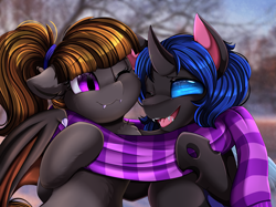 Size: 2379x1783 | Tagged: safe, artist:pridark, oc, oc only, oc:mythic dawn, oc:swift dawn, bat pony, changeling, bat pony oc, bat wings, blue changeling, blue eyes, blurry background, brother and sister, bust, changeling oc, clothes, commission, cute, cute little fangs, duo, fangs, female, looking at each other, male, open mouth, portrait, purple eyes, scarf, shared clothing, shared scarf, sharing scarf, siblings, smiling, wings