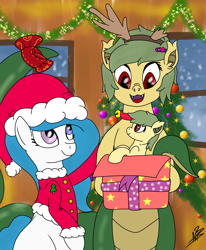 Size: 2199x2673 | Tagged: safe, artist:shappy the lamia, derpibooru import, oc, oc:shappy, oc:shery, deer, earth pony, hybrid, lamia, original species, reindeer, unicorn, friendship is magic, animal costume, antlers, bell, brooch, christmas, christmas bow, christmas lights, christmas stocking, christmas tree, christmas wreath, clothes, costume, diadem, fangs, friendship, gift box, happy, hat, hearth's warming eve, holiday, jewelry, plushie, plushies shy, reindeer antlers, reindeer costume, santa costume, santa hat, smiley face, snake tail, snow, snowfall, snowflake, stars, tiara, tree, window, wreath