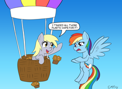 Size: 1000x733 | Tagged: safe, artist:empyu, derpibooru import, derpy hooves, rainbow dash, pegasus, pony, 45 minute art challenge, backwards cutie mark, confused, derpy being derpy, flying, food, hot air balloon, muffin