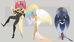 Size: 1280x732 | Tagged: safe, artist:m00n-fruit, derpibooru import, discord, princess celestia, princess luna, human, barefoot, bent over, big breasts, breasts, cleavage, dark skin, eyes closed, feet, female, fire, horn, horned humanization, humanized, hybrid wings, male, moderate dark skin, pointing, princess breastia, trio, winged humanization, wings