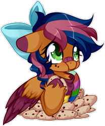 Size: 1025x1231 | Tagged: safe, artist:loyaldis, derpibooru import, oc, oc only, oc:solar comet, pegasus, pony, bandaid, bow, cookie, eating, floppy ears, food, freckles, hair bow, simple background, sock, solo, transparent background, wings